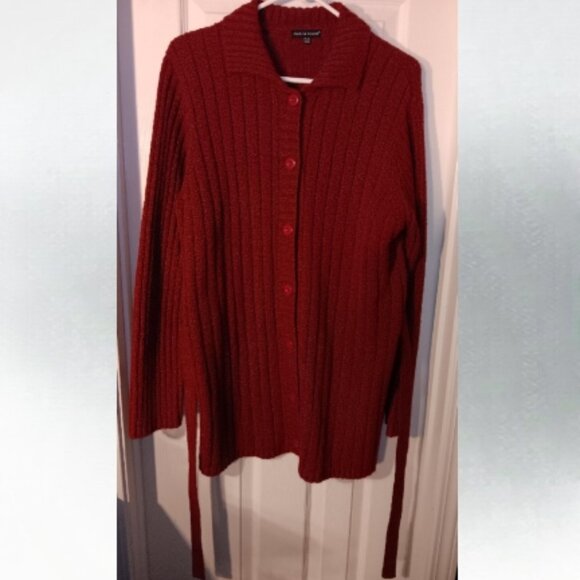 Carolyn Taylor long red sweater jacket, XL with tie - Picture 1 of 3